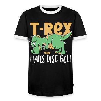 T-Rex Hates Disc Golf T Rex Dinosaur - Men's Ringer Shirt - black/white - Front - AI Model Female 172 light (172cm) & AI Model Male 178 light (178cm)