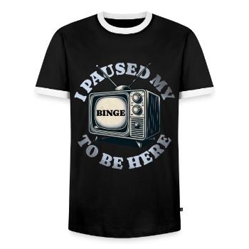 I paused my binge to be here - - Men's Ringer Shirt - black/white - Front - AI Model Female 172 light (172cm) & AI Model Male 178 light (178cm)