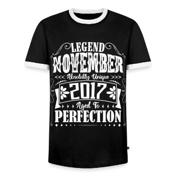 November 2017. Birthday Gift November 2017 - Men's Ringer Shirt - black/white - Front - AI Model Female 172 light (172cm) & AI Model Male 178 light (178cm)