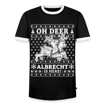 Oh Deer - Albrecht is here Ugly Weihnachten - Männer Kontrast-T-Shirt - Schwarz/Weiß - Vorne - AI Model Female 172 light (172cm) & AI Model Male 178 light (178cm)