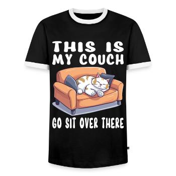 Cat, Couch, Sofa, Funny, Humor, Typical, Cartoon - Men's Ringer Shirt - black/white - Front - AI Model Female 172 light (172cm) & AI Model Male 178 light (178cm)