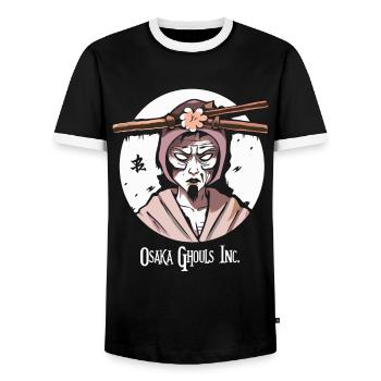Cartoon Manga Anime Osaka Ghouls - Men's Ringer Shirt - black/white - Front - AI Model Female 172 light (172cm) & AI Model Male 178 light (178cm)
