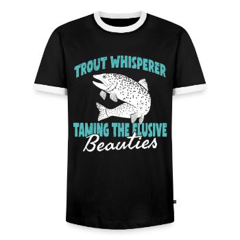 Fishing, Trout, Salmon, Fisherman, Angler, Perch - Men's Ringer Shirt - black/white - Front - AI Model Female 172 light (172cm) & AI Model Male 178 light (178cm)