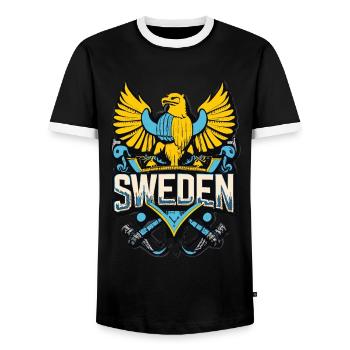 Pride of Sweden - Our Heroic Coat of Arms - Men's Ringer Shirt - black/white - Front - AI Model Female 172 light (172cm) & AI Model Male 178 light (178cm)