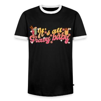 It's All Gravy Baby - Retro Thanksgiving Women - Men's Ringer Shirt - black/white - Front - AI Model Female 172 light (172cm) & AI Model Male 178 light (178cm)