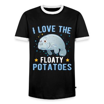 I love the floaty potatoes Sweet Ocean Manatee - Men's Ringer Shirt - black/white - Front - AI Model Female 172 light (172cm) & AI Model Male 178 light (178cm)