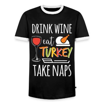 Wine And Turkey - Funny Thanksgiving Turkey - Men's Ringer Shirt - black/white - Front - AI Model Female 172 light (172cm) & AI Model Male 178 light (178cm)