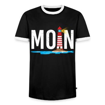 Low German word beach Baltic Sea Saying North Sea - Men's Ringer Shirt - black/white - Front - AI Model Female 172 light (172cm) & AI Model Male 178 light (178cm)