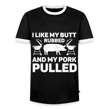 BBQ Pulled Pork Schwein Grill - Männer Kontrast-T-Shirt - Schwarz/Weiß - Vorne - AI Model Female 172 light (172cm) & AI Model Male 178 light (178cm)