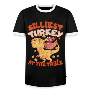 Thanksgiving T-Rex Silliest Turkey at the Table - Männer Kontrast-T-Shirt - Schwarz/Weiß - Vorne - AI Model Female 172 light (172cm) & AI Model Male 178 light (178cm)