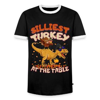 Thanksgiving T-Rex Silliest Turkey at the Table - Männer Kontrast-T-Shirt - Schwarz/Weiß - Vorne - AI Model Female 172 light (172cm) & AI Model Male 178 light (178cm)
