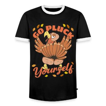 Funny Turkey Go Pluck Yourself Hunter Thanksgiving - Men's Ringer Shirt - black/white - Front - AI Model Female 172 light (172cm) & AI Model Male 178 light (178cm)