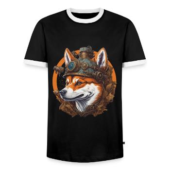 Steampunk Shiba Dog Vintage Machine Dog Design - Men's Ringer Shirt - black/white - Front - AI Model Female 172 light (172cm) & AI Model Male 178 light (178cm)