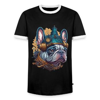 French Bulldog Dog in Steampunk Style - Men's Ringer Shirt - black/white - Front - AI Model Female 172 light (172cm) & AI Model Male 178 light (178cm)