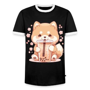 Kawaii Corgi Dog Drinks Boba Bubble Tea Chibi - Men's Ringer Shirt - black/white - Front - AI Model Female 172 light (172cm) & AI Model Male 178 light (178cm)