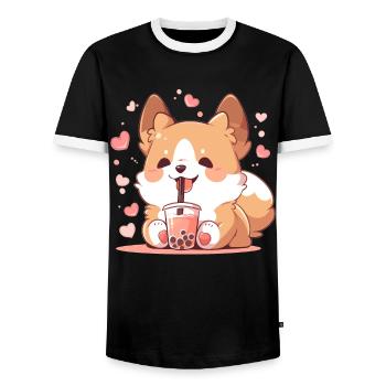 Kawaii Corgi Dog Drinks Boba Bubble Tea Chibi - Men's Ringer Shirt - black/white - Front - AI Model Female 172 light (172cm) & AI Model Male 178 light (178cm)