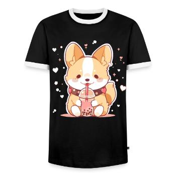 Kawaii Corgi Dog Drinks Boba Bubble Tea Chibi - Men's Ringer Shirt - black/white - Front - AI Model Female 172 light (172cm) & AI Model Male 178 light (178cm)