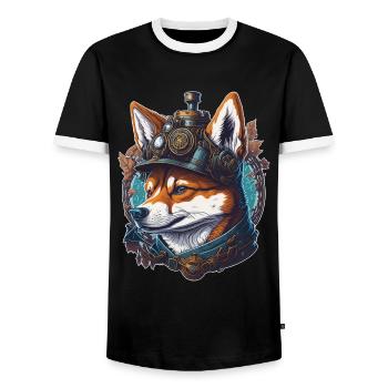 Retro Sci-Fi Shiba Steampunk Vintage Dog - Men's Ringer Shirt - black/white - Front - AI Model Female 172 light (172cm) & AI Model Male 178 light (178cm)