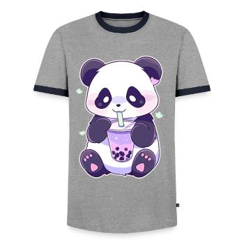 Kawaii Panda trinkt Boba Bubble Tea Chibi - Männer Kontrast-T-Shirt - Grau/Navy  - Vorne - AI Model Female 172 light (172cm) & AI Model Male 178 light (178cm)