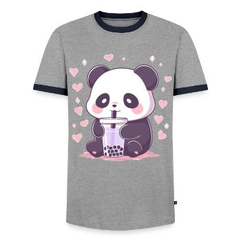Kawaii Panda trinkt Boba Bubble Tea Chibi - Männer Kontrast-T-Shirt - Grau/Navy  - Vorne - AI Model Female 172 light (172cm) & AI Model Male 178 light (178cm)