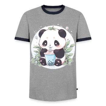 Kawaii Panda trinkt Boba Bubble Tea Chibi - Männer Kontrast-T-Shirt - Grau/Navy  - Vorne - AI Model Female 172 light (172cm) & AI Model Male 178 light (178cm)