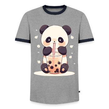 Kawaii Panda trinkt Boba Bubble Tea Chibi - Männer Kontrast-T-Shirt - Grau/Navy  - Vorne - AI Model Female 172 light (172cm) & AI Model Male 178 light (178cm)