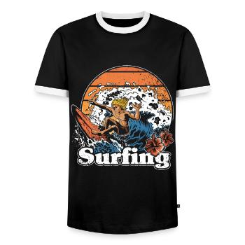 Surfer Surfen Cool Retro Surfer Vintage Surf - Men's Ringer Shirt - black/white - Front - AI Model Female 172 light (172cm) & AI Model Male 178 light (178cm)