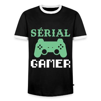 Serial Gamer Humor Console Video Games Teen Geek - Men's Ringer Shirt - black/white - Front - AI Model Female 172 light (172cm) & AI Model Male 178 light (178cm)