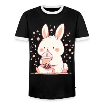 Kawaii Hase trinkt Boba Bubble Tea Chibi - Männer Kontrast-T-Shirt - Schwarz/Weiß - Vorne - AI Model Female 172 light (172cm) & AI Model Male 178 light (178cm)