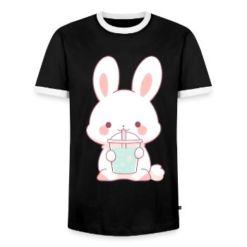 Kawaii Hase trinkt Boba Bubble Tea Chibi - Männer Kontrast-T-Shirt - Schwarz/Weiß - Vorne - AI Model Female 172 light (172cm) & AI Model Male 178 light (178cm)