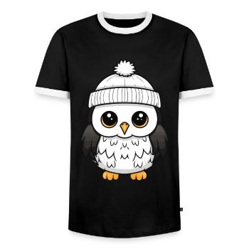 Owl Winter Animal Cute Comic - Men's Ringer Shirt - black/white - Front - AI Model Female 172 light (172cm) & AI Model Male 178 light (178cm)