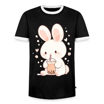 Kawaii Hase trinkt Boba Bubble Tea Chibi - Männer Kontrast-T-Shirt - Schwarz/Weiß - Vorne - AI Model Female 172 light (172cm) & AI Model Male 178 light (178cm)