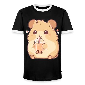Kawaii Hamster trinkt Boba Bubble Tea Chibi - Männer Kontrast-T-Shirt - Schwarz/Weiß - Vorne - AI Model Female 172 light (172cm) & AI Model Male 178 light (178cm)