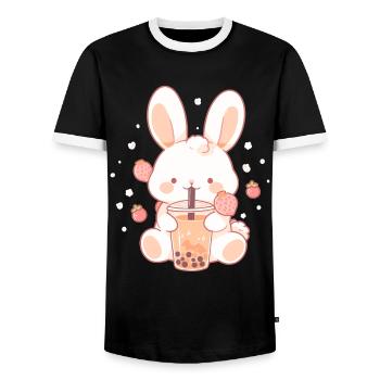 Kawaii Hase trinkt Boba Bubble Tea Chibi - Männer Kontrast-T-Shirt - Schwarz/Weiß - Vorne - AI Model Female 172 light (172cm) & AI Model Male 178 light (178cm)