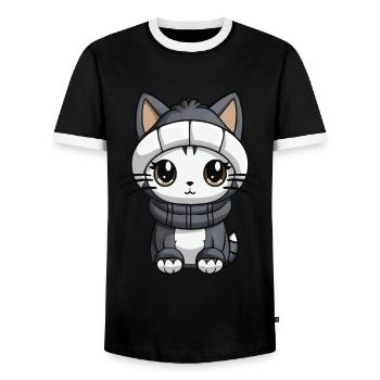Cat Winter Animal Cute Comic - Men's Ringer Shirt - black/white - Front - AI Model Female 172 light (172cm) & AI Model Male 178 light (178cm)