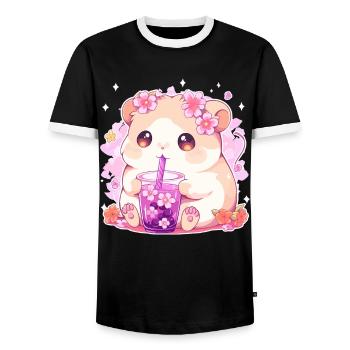 Kawaii Hamster trinkt Boba Bubble Tea Chibi - Männer Kontrast-T-Shirt - Schwarz/Weiß - Vorne - AI Model Female 172 light (172cm) & AI Model Male 178 light (178cm)