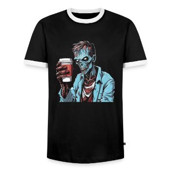 Coffee Cafe Halloween Zombie Hand - Men's Ringer Shirt - black/white - Front - AI Model Female 172 light (172cm) & AI Model Male 178 light (178cm)