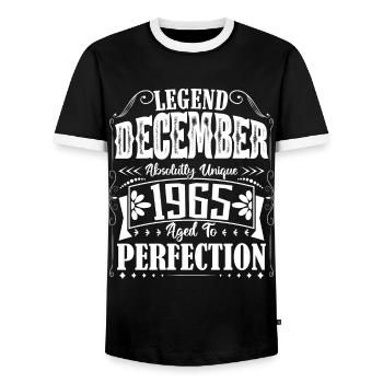 December 1965. December 1965 Birthday Gift - Men's Ringer Shirt - black/white - Front - AI Model Female 172 light (172cm) & AI Model Male 178 light (178cm)