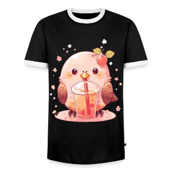 Kawaii Lovebird trinkt Boba Bubble Tea Chibi - Männer Kontrast-T-Shirt - Schwarz/Weiß - Vorne - AI Model Female 172 light (172cm) & AI Model Male 178 light (178cm)