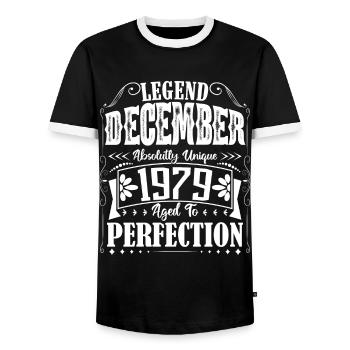 December 1979. December 1979 Birthday Gift - Men's Ringer Shirt - black/white - Front - AI Model Female 172 light (172cm) & AI Model Male 178 light (178cm)