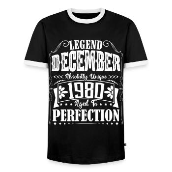 December 1980. December 1980 Birthday Gift - Men's Ringer Shirt - black/white - Front - AI Model Female 172 light (172cm) & AI Model Male 178 light (178cm)