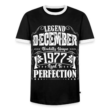 December 1977. December 1977 Birthday Gift - Men's Ringer Shirt - black/white - Front - AI Model Female 172 light (172cm) & AI Model Male 178 light (178cm)