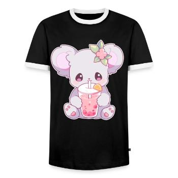 Kawaii Koala Drinks Boba Bubble Tea Chibi - Men's Ringer Shirt - black/white - Front - AI Model Female 172 light (172cm) & AI Model Male 178 light (178cm)