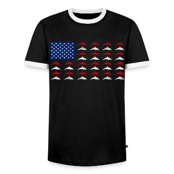 Dolphin American Flag - Men's Ringer Shirt - black/white - Front - AI Model Female 172 light (172cm) & AI Model Male 178 light (178cm)