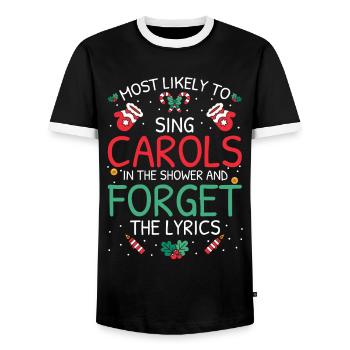 Most Likely To Christmas - Men's Ringer Shirt - black/white - Front - AI Model Female 172 light (172cm) & AI Model Male 178 light (178cm)