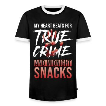 True Crime Addicted - Men's Ringer Shirt - black/white - Front - AI Model Female 172 light (172cm) & AI Model Male 178 light (178cm)