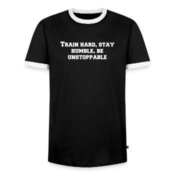 Fitness - Train hard, stay humble, be unstoppable - Men's Ringer Shirt - black/white - Front - AI Model Female 172 light (172cm) & AI Model Male 178 light (178cm)