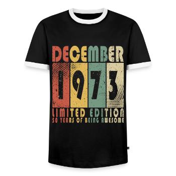 December 1973 Birthday Present December 1973 - Men's Ringer Shirt - black/white - Front - AI Model Female 172 light (172cm) & AI Model Male 178 light (178cm)
