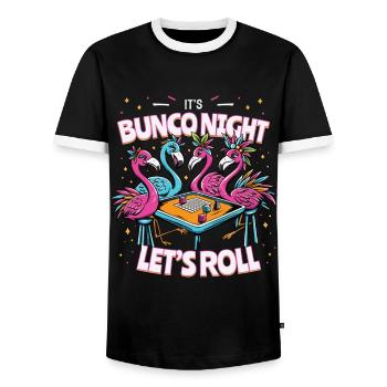 Bunco Night Flamingo Bunco Group Bunco Players - Men's Ringer Shirt - black/white - Front - AI Model Female 172 light (172cm) & AI Model Male 178 light (178cm)