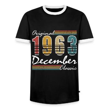 60 Year Old Birthday - December 1963 - Men's Ringer Shirt - black/white - Front - AI Model Female 172 light (172cm) & AI Model Male 178 light (178cm)